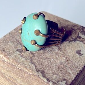 Vintage Jan Michaels Ring Large Turquoise Color Stone Brass San Francisco